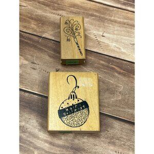 SET OF 2 STAMPENDOUS HOLIDAY PARTY THEMED WOOD MOUNTED RUBBER STAMPS NOISE MAKER